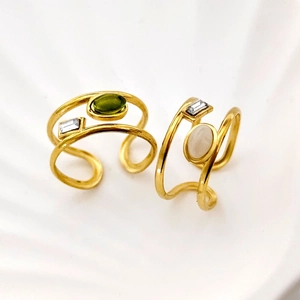 French Vintage Eighteen Karat Gold Plated Stainless Steel Open Ring For Women Adjustable Olive Green Zirconia Gemstone Jewelry