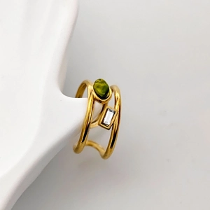 French vintage 18K gold plated ring with green zircon and double band open design