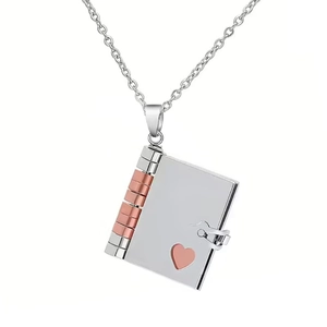 Minimalist book-shaped locket necklace in two-tone silver and rose gold steel