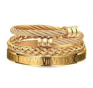 Set di tre bracciali da uomo in oro con numeri romani e cavi in acciaio inossidabile intrecciato