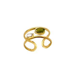 Detailed macro view of 18K gold-plated ring with olive green and white zircon stones