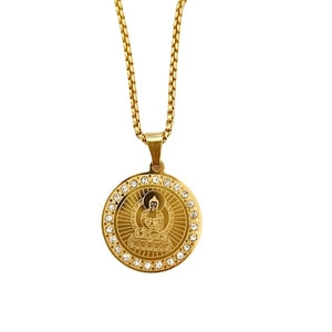 Golden Chinese Zodiac Buddha pendant necklace with sparkling rhinestones and lotus details