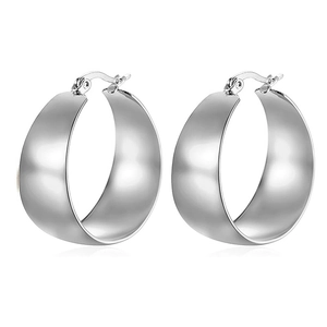 Polished silver wide hoop earrings in stainless steel with lever-back closure for women