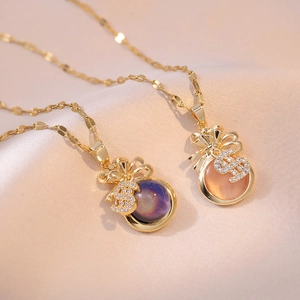 Collier Pendentif Sac D'argent En Acier Inoxydable Pour Femmes Rhinestone Signe Dollar Noeud Pierre Oeil De Chat Bijoux