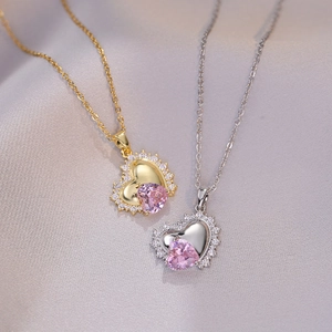 Collana Con Pendente A Cuore Zircone Rosa Acciaio Inossidabile Cuore Infranto Catena Clavicola Gioielli Donna Elegante