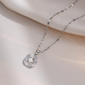 Collier Et Boucles D Oreilles Bijoux Acier Titane Künstliche Perle Synthétique Zircone Pendentif Rond Géométrique Élégant Pour Femme