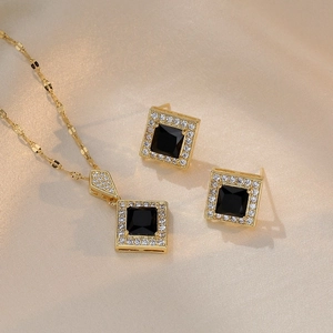 Square Black Zircon Pendant Necklace And Earring Jewelry Fashion Stainless Steel Geometric Halo Design For Women