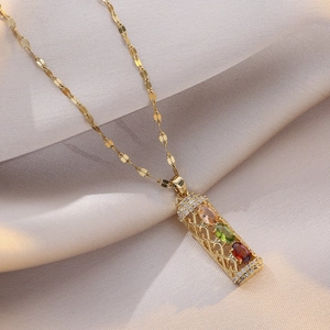 Elegant titanium steel necklace with colorful zircon stones on a bamboo-style pendant