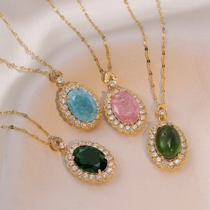 Luxury Oval Zirconia Pendant Necklace For Women Stainless Steel Chain Green Pink Blue Gemstone Elegant Jewelry Gift