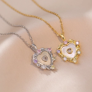 Elegant heart pendant necklace with natural shell inlay and colorful cubic zirconia