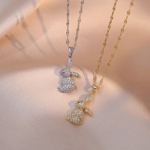 Collier Pendentif Lapin Acier Titane Zircon Étincelant Bijoux Mode Doux Design Niche Femmes
