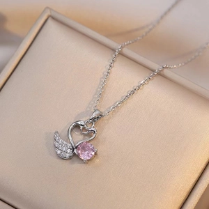 Eleganter Schwan Anhänger Halskette Edelstahl Mikro Verziertes Zirkon Rosa Kristall Herz Schmuck Für Frauen Mode Accessoire