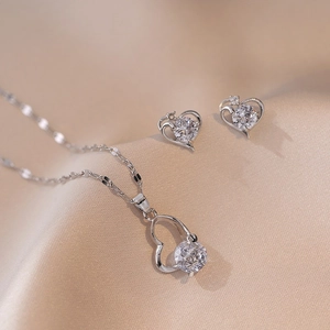 Heart Pendant Necklace And Stud Earrings Stainless Steel Zirconia Love Jewelry For Women Dainty Elegant Romantic Style