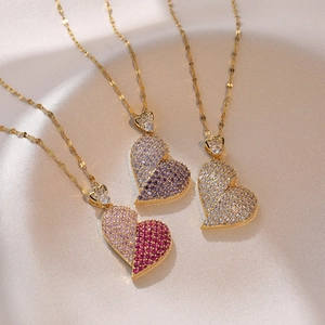 Elegant gold heart necklaces with micro-pave zirconia in multi-color options on silk