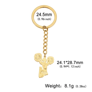 Detailed view of cheerleader silhouette keychain with dimensions in mm and inches