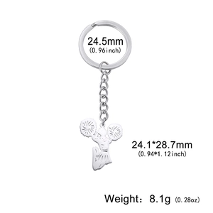 Stainless steel cheerleader keychain with pom-poms on circular ring and chain link