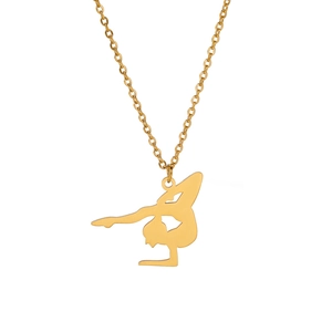 Golden gymnast silhouette pendant necklace with a minimalist stainless steel link chain