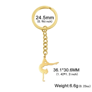 Detailed view of gymnastics pendant dimensions 36x30mm on gold stainless steel keychain