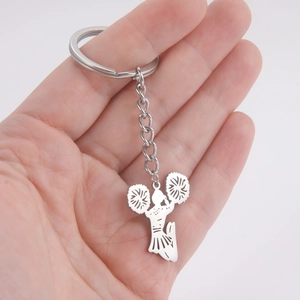 Silver stainless steel cheerleader silhouette keychain with keyring and short chain