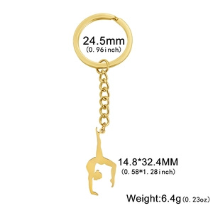 Porte-clés en acier inoxydable doré avec pendentif silhouette de gymnaste et anneau