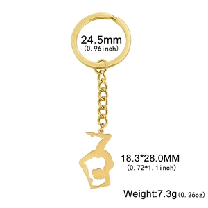 Golden stainless steel gymnastics silhouette keychain with size and weight dimensions