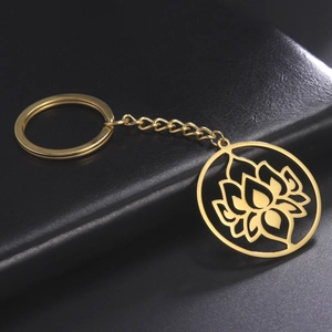 Golden hollow lotus flower pendant keychain made of polished 304 stainless steel