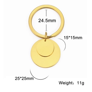 Detailed dimensions of gold stainless steel keychain showing pendant sizes and weight