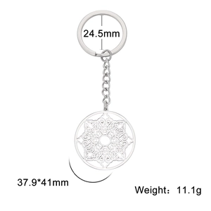 Silver octagonal hollow mandala flower keychain pendant in polished stainless steel