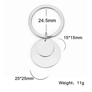 Polished stainless steel double round keychain with detailed size and weight dimensions
