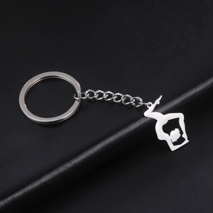 Polished stainless steel gymnast silhouette pendant on a silver keychain with link chain