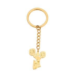 Golden stainless steel cheerleader keychain with polished finish on white background
