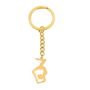 Golden gymnast silhouette keychain made of stainless steel with a polished finish and ring
