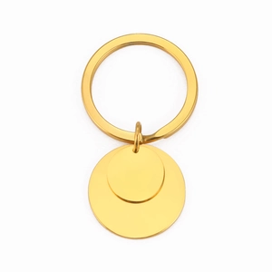 Polished gold stainless steel keychain featuring two round solid pendants on a flat key ring