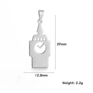 Polished stainless steel bell tower pendant with hollow clock design, 29mm height