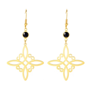 Minimalist gold stainless steel Celtic knot drop earrings with black gemstone detail