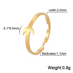 Gold stainless steel crescent moon open ring with dimensions and technical specifications