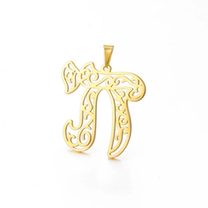 Polished gold hollowed symbol pendant in stainless steel with intricate floral patterns