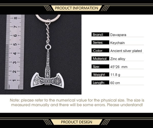 Close-up of antique silver Viking double axe keychain with Valknut and rune engravings