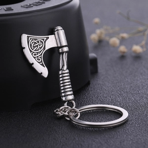 Vintage silver viking axe keychain with celtic knot engravings and metal keyring
