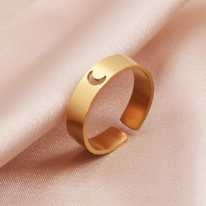 Polished gold stainless steel open ring featuring a hollow crescent moon design