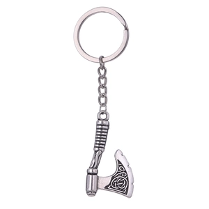 Vintage silver axe keychain with Celtic knot engravings and a sturdy keyring loop