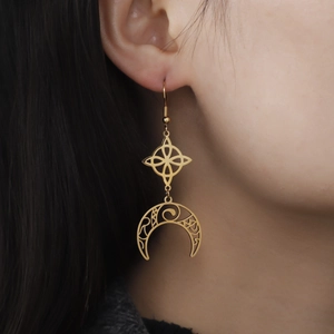 Golden Celtic knot moon earrings with star cutout, stainless steel boho dangle style