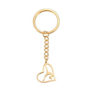 Porte-clés cœur doré avec pendentif gymnaste de yoga creux en acier inoxydable