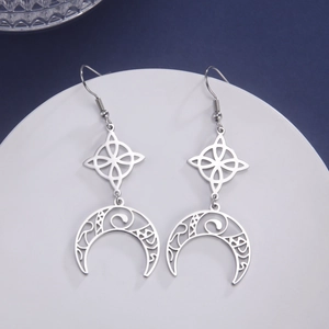Detailed view of silver stainless steel Celtic knot earrings with crescent moon charms