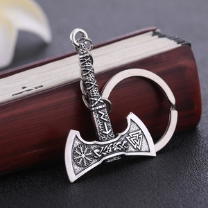 Vintage Nordic Viking double axe keychain with Aegishjalmur symbol and Valknut engraving
