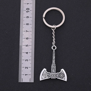 Vintage Nordic Viking axe keychain in antique silver zinc alloy with runes and compass