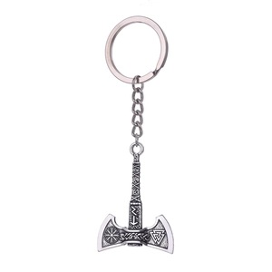 Vintage Nordic Viking axe keychain with Valknut and Aegishjalmur mythical symbols