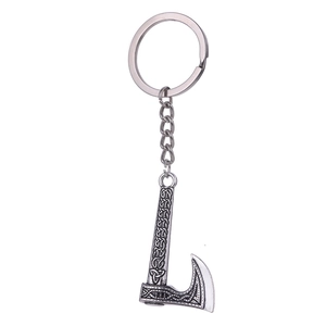 Vintage Viking axe keychain with Celtic knot engravings in antique silver finish