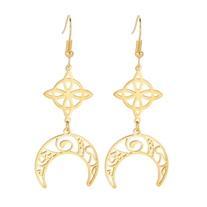 Golden Celtic knot moon earrings with intricate hollow patterns in stainless steel