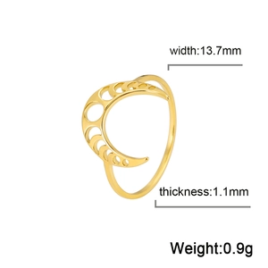 Detailed view of moon phase gold ring showing dimensions of 13.7mm width and 1.1mm thickness